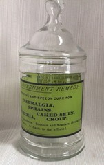 Vintage 1970s Glass Apothecary Jar Lid Uric Acid Gout Poison Army Navy Liniment