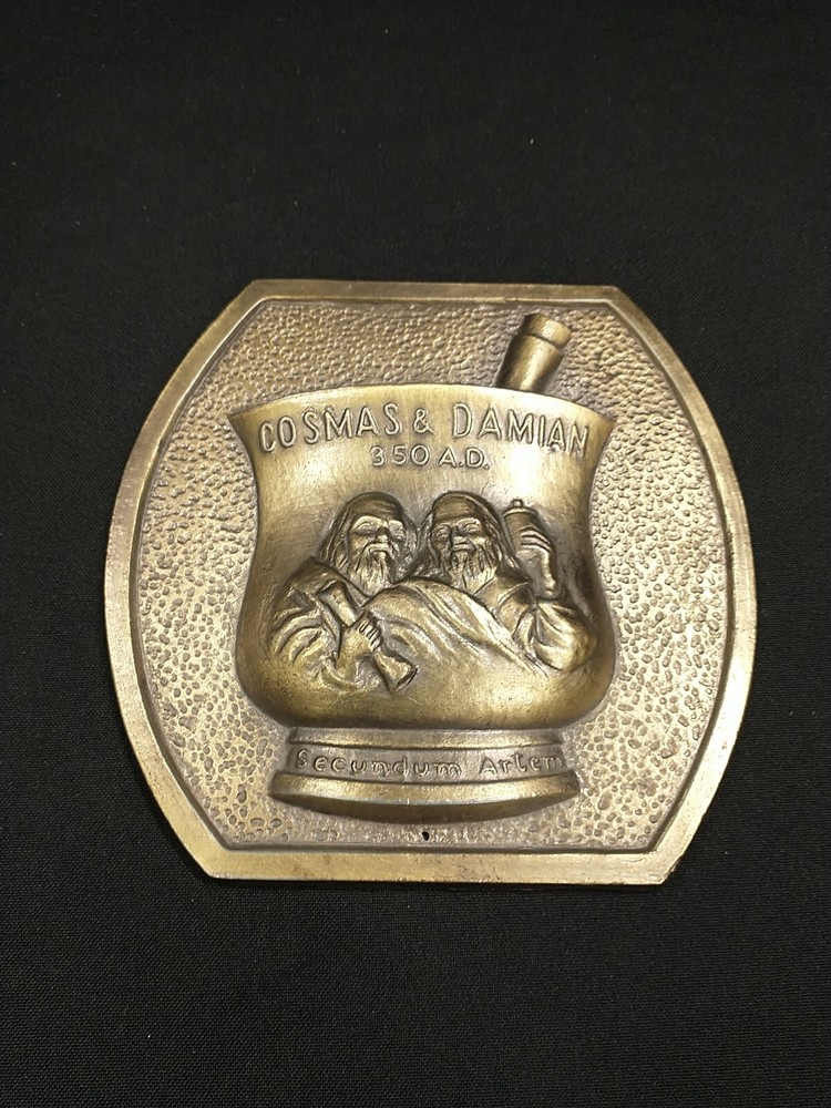 Cosmas & Damian 350 AD Secundum Artem RX Brass Plaque 1980 Promo Pharmaceutical