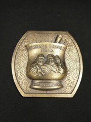 Cosmas & Damian 350 AD Secundum Artem RX Brass Plaque 1980 Promo Pharmaceutical