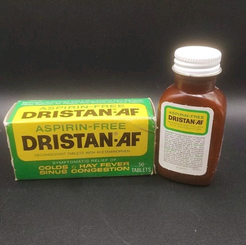 NOS 80’s Vintage Dristan-AF Aspirin Free Medicine 50 ~ Plastic Bottle HTF Rare