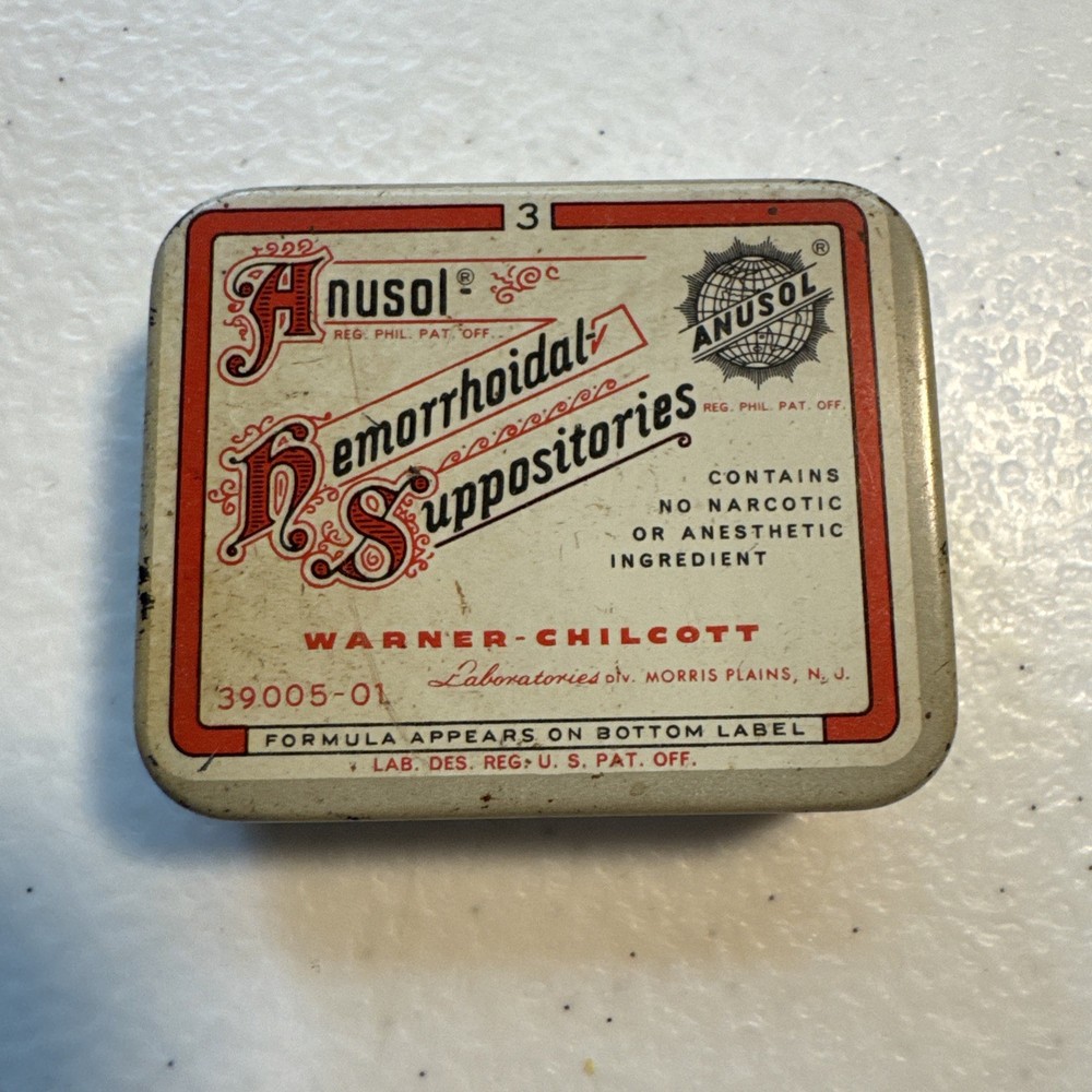 Vintage Anusol Hemorrhoidal Suppositories Laboratories Div. Medicine Tin