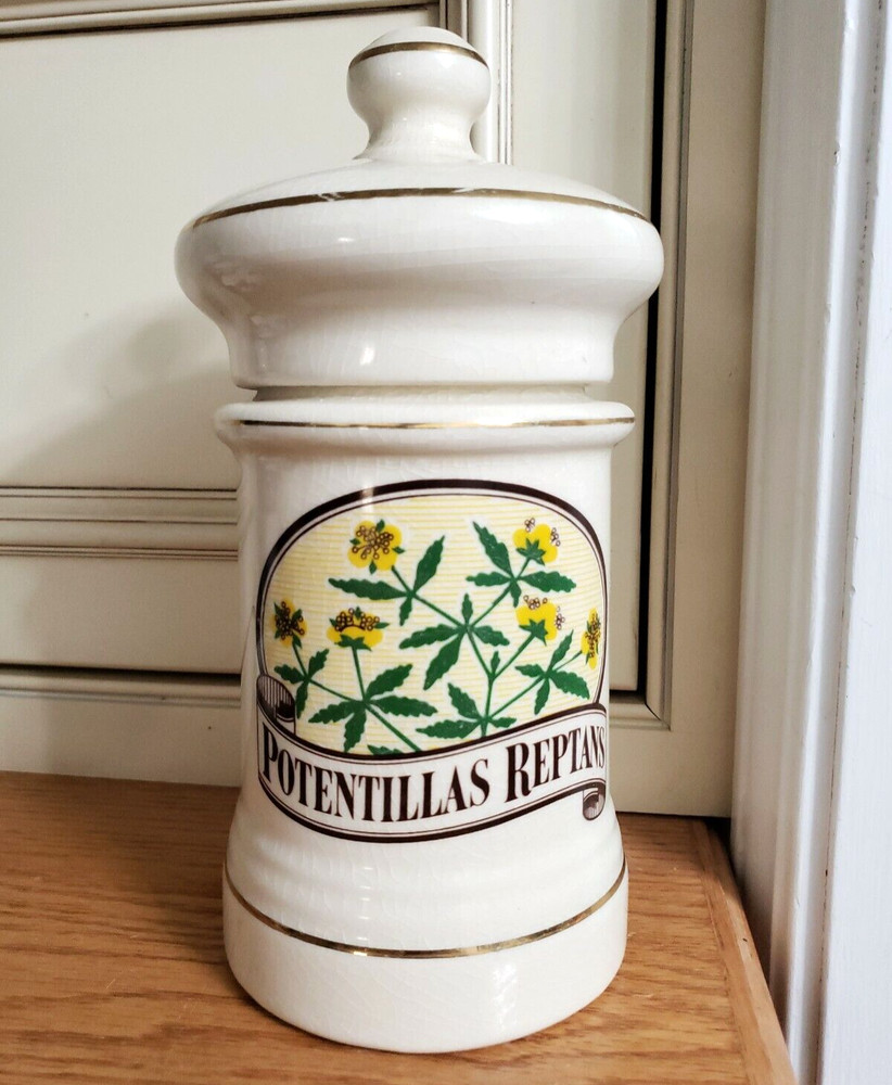 RARE~VINTAGE CERAMIC HERBS APOTHECARY JAR CANISTER MEDICAL POTNETLLIAS REPTANS