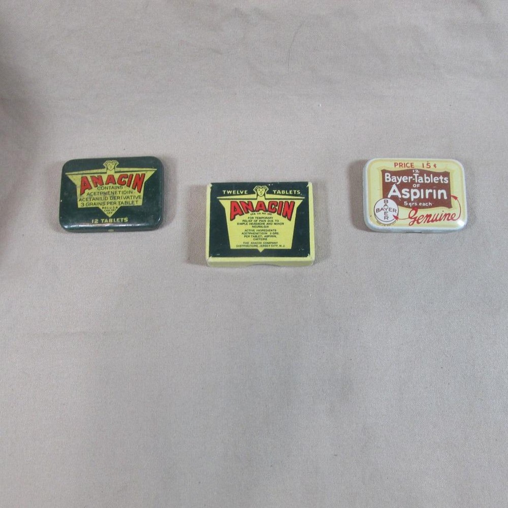 Pair Vintage Anacin Tin and Cardboard and Bayer Tin, Nice Condition