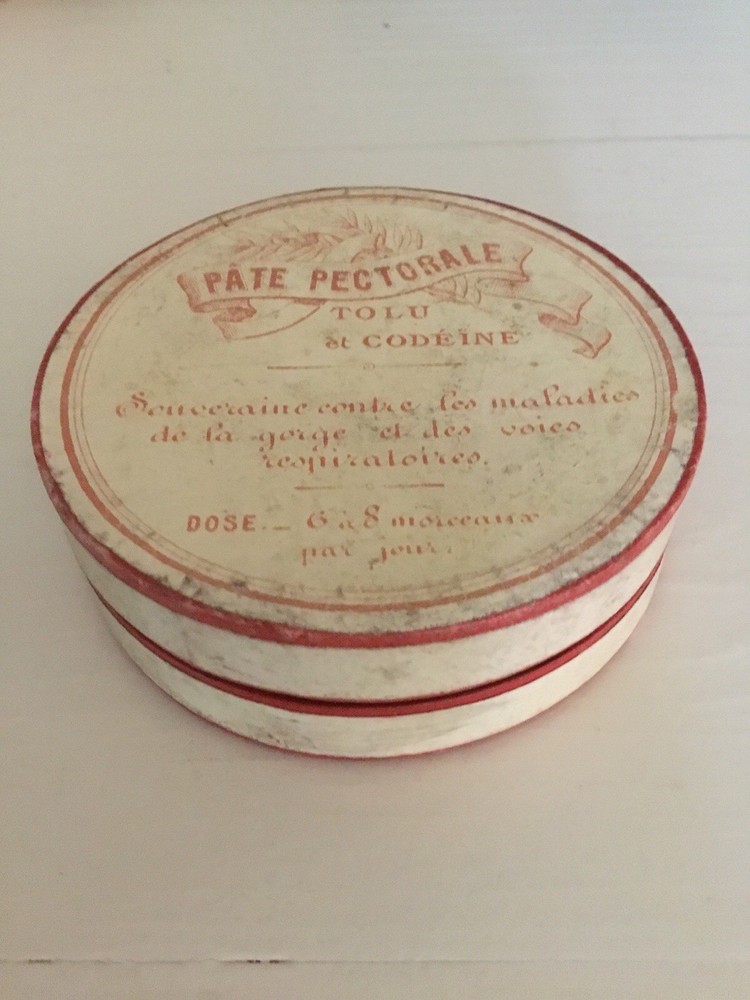 Vintage FRENCH Pharmacie Round Cardboard Container Red PATE PECTORALE Codeine