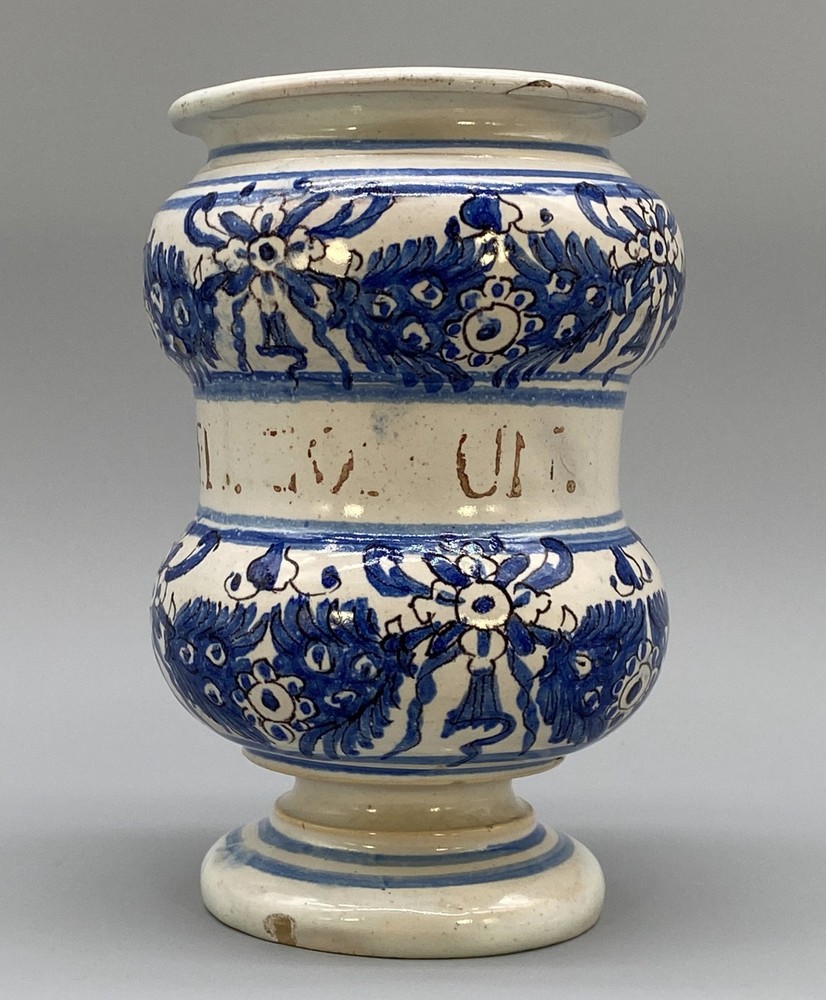 c. 1730 Italian Majolica Nove Waisted Blue & White Albarello Drug Pharmacy Jar