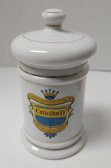 VTG CORICIDIN D WHITE PORCELAIN PHARMACY JAR CONTAINER LID GOLD TRIM CREST