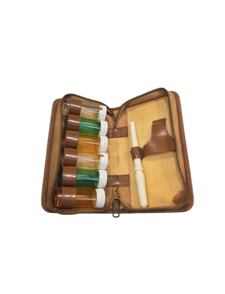 Vintage Leather Apothecary / Medical Sample Travel Kit Cowhide Vial Case 50s 60s