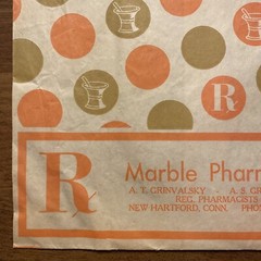 Vtg 1969-1970s Marble Pharmacy Paper Bag New Hartford Connecticut CT Advertising