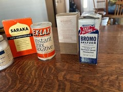5 vintage stomach and laxative 1950’s including Bromosetzer cobalt bottle, exlax