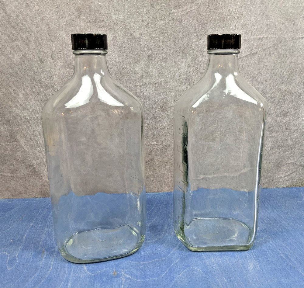 Lot of 2 Vintage Label-Rite 32 oz Glass Bottles Caps Pharmacy Graduated Embossed