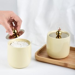 Ceramic Qtip Holder Dispenser with Gold Lids 2 Pack, Yellow Apothecary Jars B…