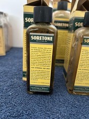 7 Vintage Soretone muscle rub and liniment Bottles in original boxes from 1940’s