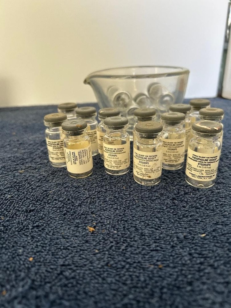 17 Phospholine Iodide Eye Drops glass Dessicant bottles & Rx glass mortar EMPTY