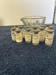 17 Phospholine Iodide Eye Drops glass Dessicant bottles & Rx glass mortar EMPTY
