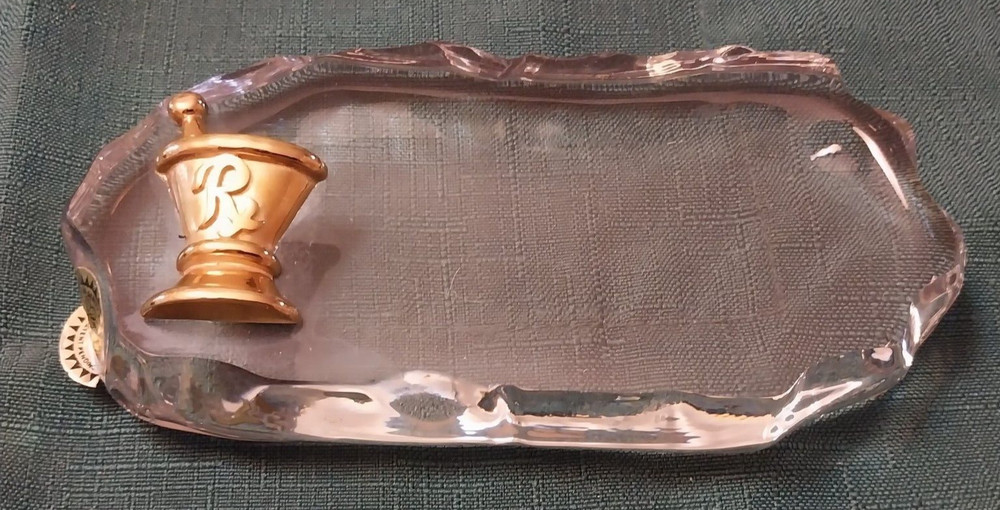 Vintage 1986 Electro Plate Paperweight w/24 Karat Gold Rx Mortar & Pestle Oblong