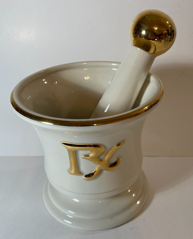 Blair RX Ceramic Mortar & Pestle White Gilt Trim 5 3/4″ Pharmacy Display