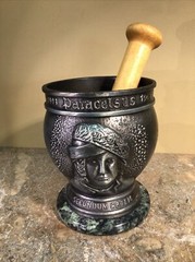 Vtg ￼Pewter￼ Mortar & Pestle Display Only By Schering Corp. On Marble Base 1988