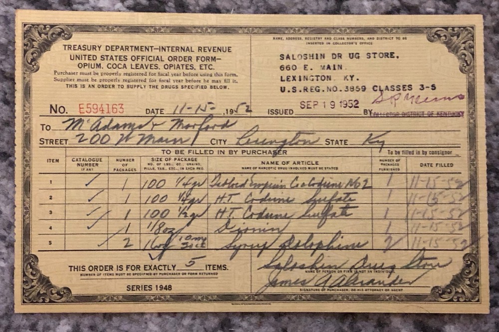 Vintage Opium Form July 31, 1952 US Treasury Dept. Drugstore Doctor Medical