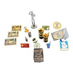 Vtg Pharmacy Pin Lot 1980 Pewter Figurine 1972 Stamp Pins Apothecary Rx Badge