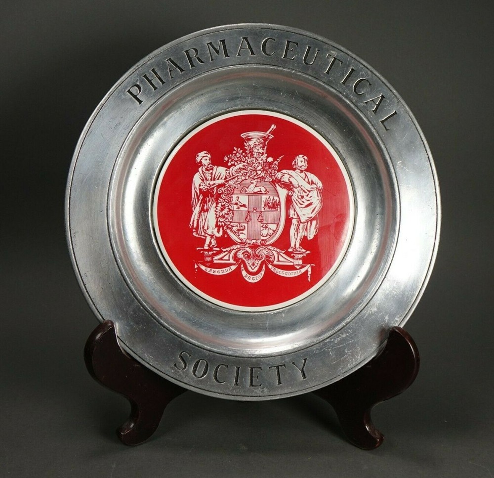 Vintage Squibb Apothecary Pharmaceutical Society Pewter Plate w/ Wood Stand