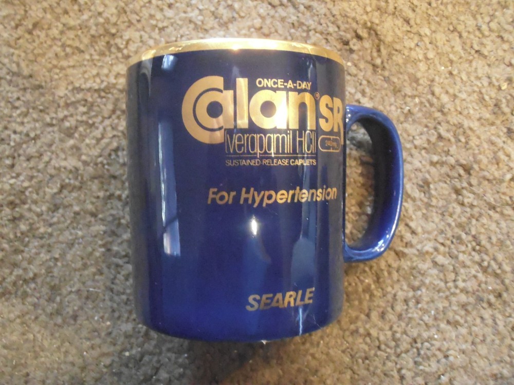 CALAN SR Mugs Pharmaceutical Drug Rep Blue Coffee Advertising Promo Swag