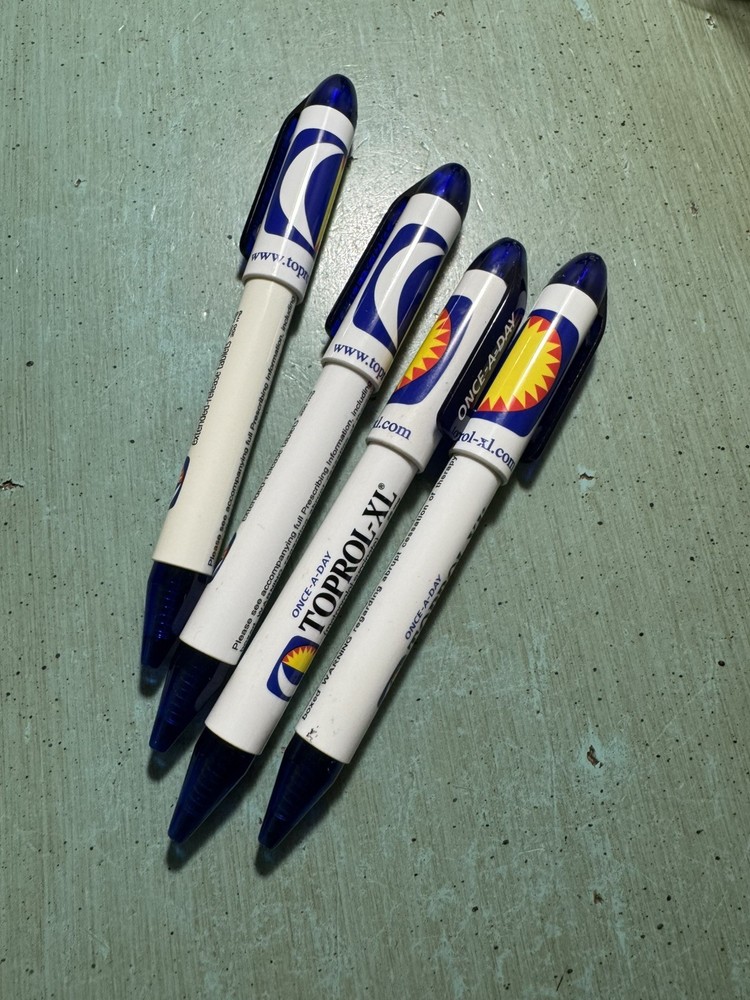 TOPROL-XR PENS: Blue & White, Plastic, Pharmaceutical Promo NEW Lot of 4