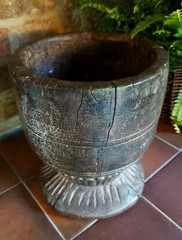 Large 17th Century apothecary hardwood mortar/Wassail Bowl? – carved detailing 