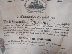 Vtg Bowen Institute of Pharmacy Graduation Certificate Nov. 14, 1919 Roy Aubrey