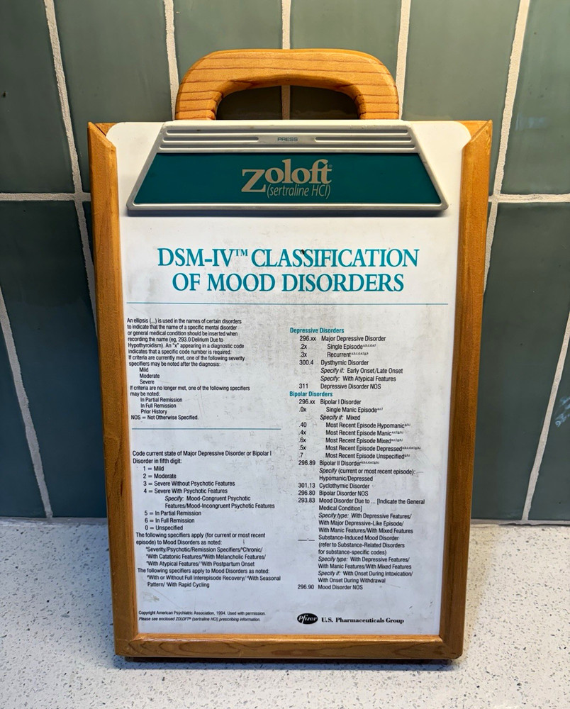 Zoloft Drug Rep Collectible Clip Board/Box , DSM-IV Mood Disorders Insert