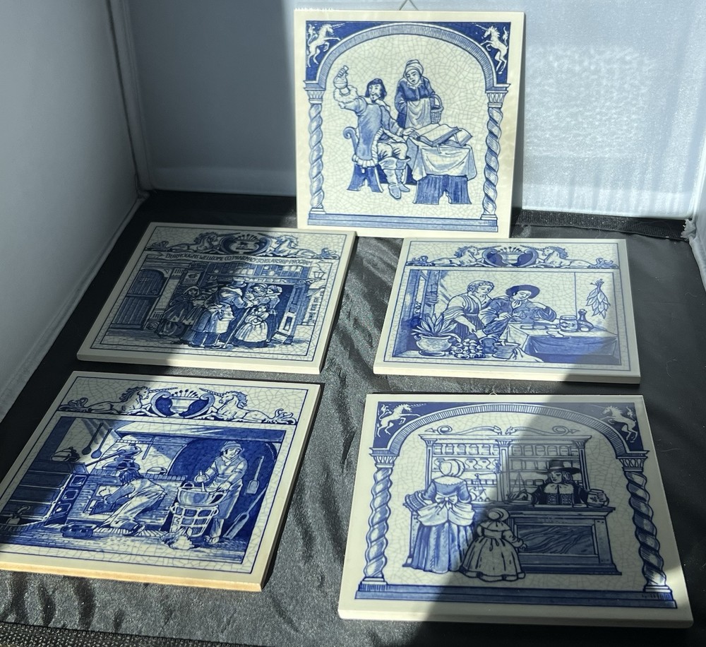 SET OF 5 DELFT HOLLAND PHARMACY SCIENCE TILES 1987 For BURROUGHS WELLCOME CO.
