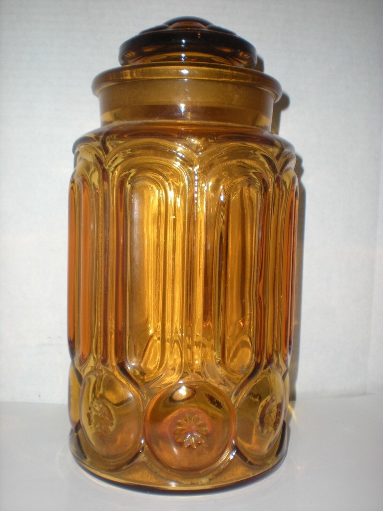 Vintage Amber Yellow Moon & Star Glass Canister Apothecary Jar 11.5″ LE Smith