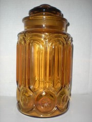 Vintage Amber Yellow Moon & Star Glass Canister Apothecary Jar 11.5″ LE Smith