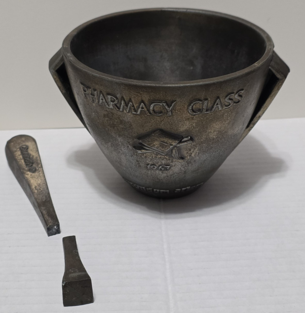 Vintage 1967 Cast Iron Pharmacy Class Mortar & Pestle Rx Graduation