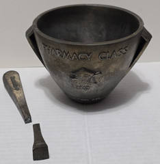 Vintage 1967 Cast Iron Pharmacy Class Mortar & Pestle Rx Graduation