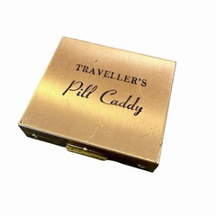 Vintage Brass Travelers Pill Caddy Case Complete set 4 Medicine Vials 1950s Prop