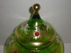 12″ Green Apothecary Jar Canister Circus Tent Lid Vtg Hand Blown Xmas Poinsettia