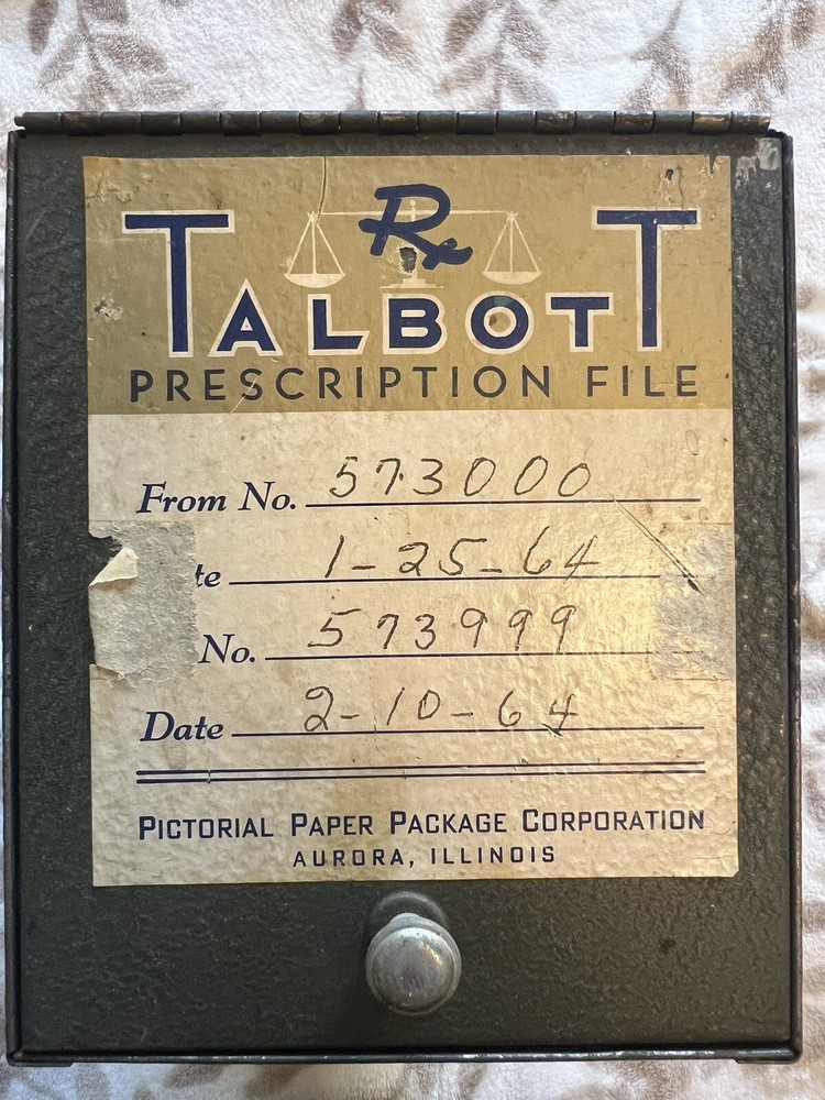 Vintage Talbott Pharmacy Prescription File Box 1964 Aurora, Illinois