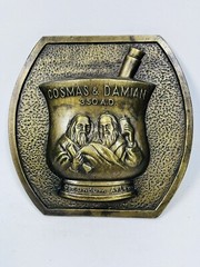 Cosmas & Damian 350 AD Secundum Artem RX Brass Plaque 1980 Promo Pharmaceutical