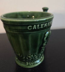 Vintage Coricidin Green Pottery Mug RX Galen Schering Pharmacy Cup Mortar Pestle