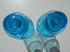 Pr Vintage Blue Glass Apothecary Jars Made in Portugal Ground Stoppers 8 3/8″