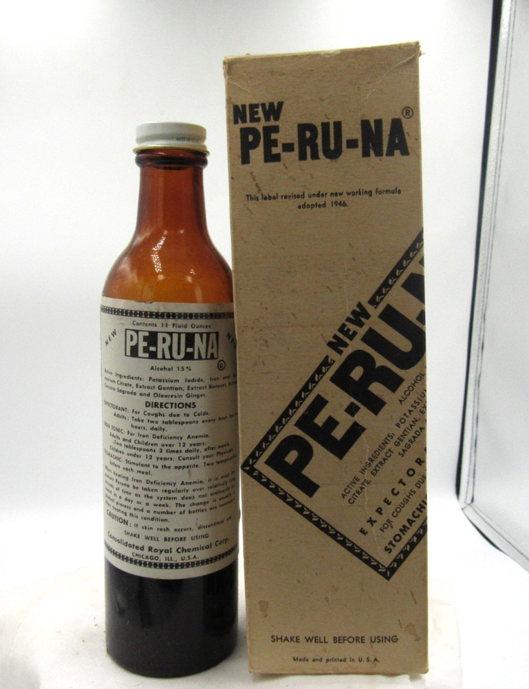 BW – 1950’s Pe-Ru-Na Iron Tonic Chicago Ill 8 5/8 “ Amber Medicine bottle