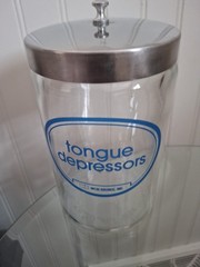 Medi-Source Doctor’s Office Clear Glass Jars Blue Apothecary Stainless Lid Vtg