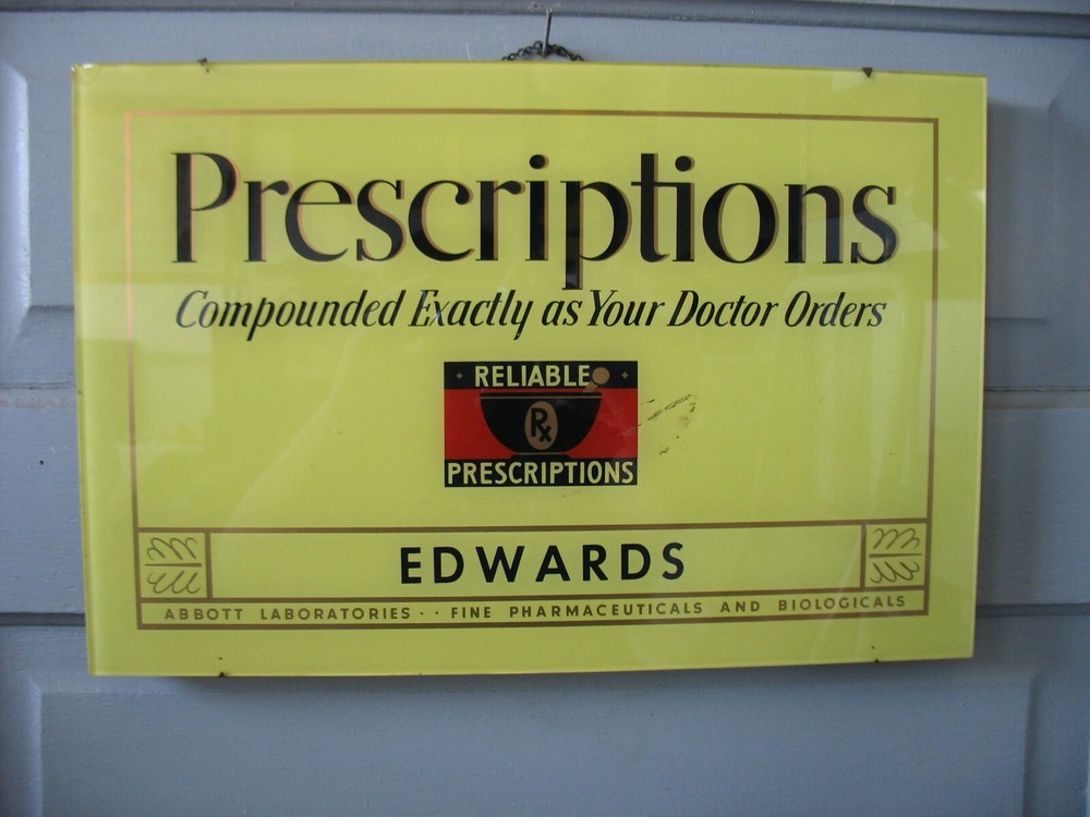 Vtg advertising GLASS sign Prescriptions Compounded Abbott Laboratories 18 x 12