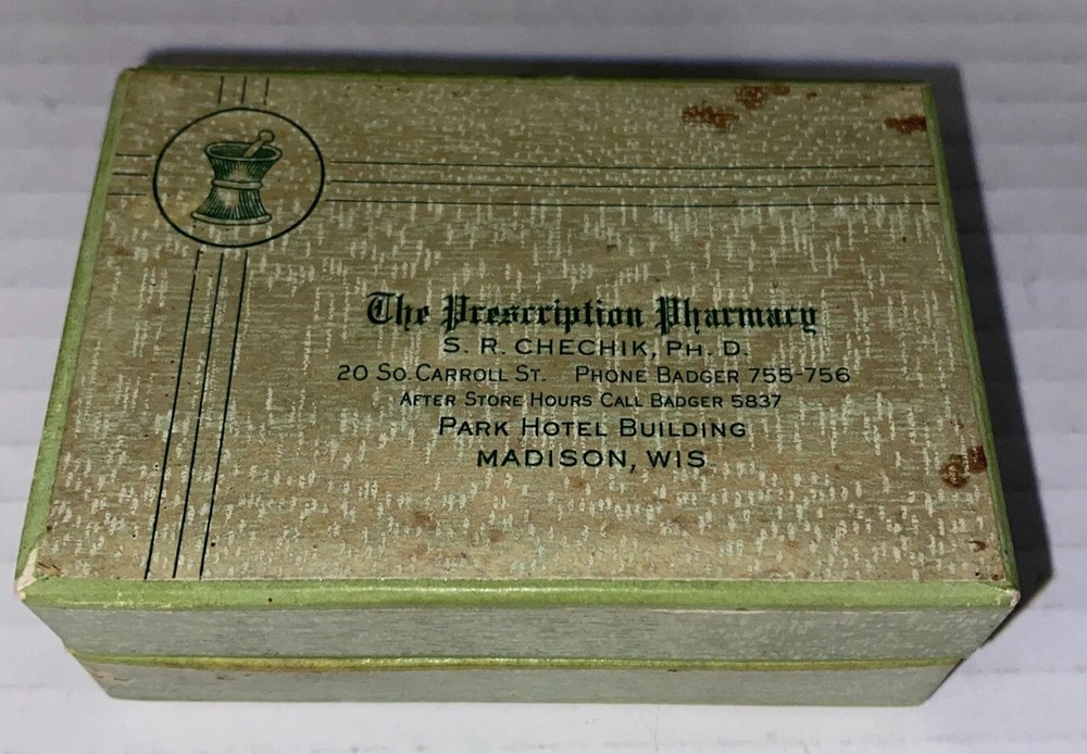 Vintage 1960s Prescription Pharmacy EMPTY Box Madison WI Chechik Park Hotel Prop