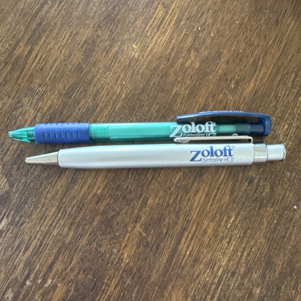 2 Vintage Zoloft Promo Pen Pharmaceutical Drug Rep Metal Click Plastic Working