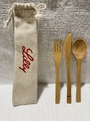 (2) Eli Lilly Pharma.Co.-3 Pc Wooden Cutlery Sets In Logo Canvas Drawstring Bags