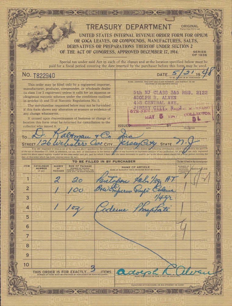 Treasury Department Order Form – Opium and Coca Leaves – 1914