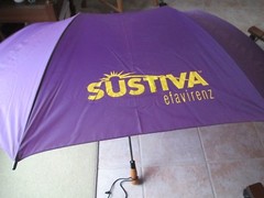 Stromberg golf folding push button umbrella 48in Sustiva logo purple with case