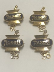 VINTAGE REXALL DRUG SET OF FOUR 14k YELLOW GOLD PINS – 15, 20, 25, 30 YEARS