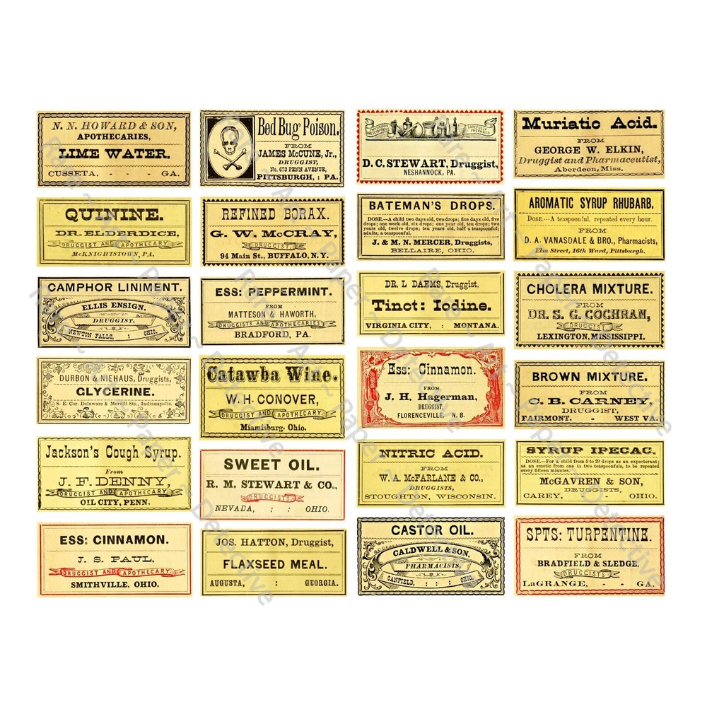 Antique Medicine Cabinet Label Stickers, Apothecary Bottle, Cut & Peel Sheet 754